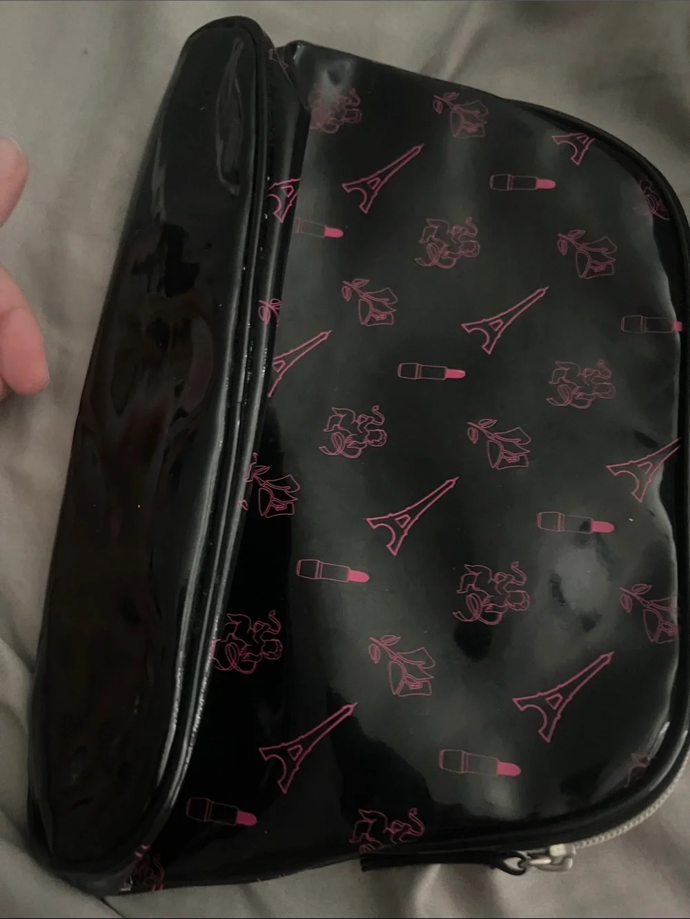 Lancome Black Cosmetic Bag with Pink Paris & Lipstick Motif
